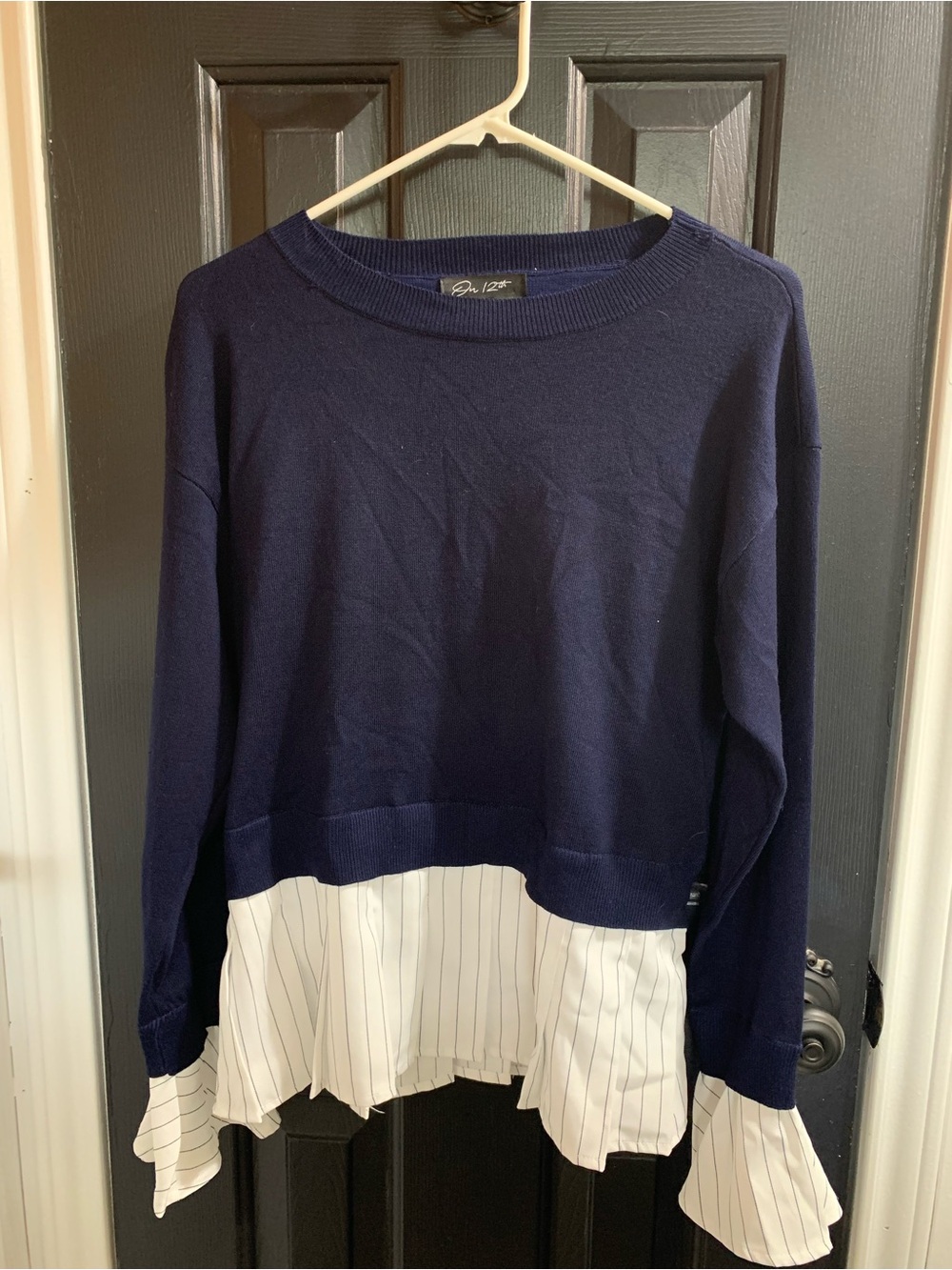 Navy Sweater with White Pinstripe Ruffle Hem NWOT